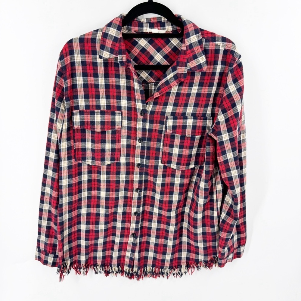 ✅ ENTRO RED/BLACK/WHITE PLAID RAW HEM PLAID LONG SLEEVE SHIRT SIZE LARGE‎